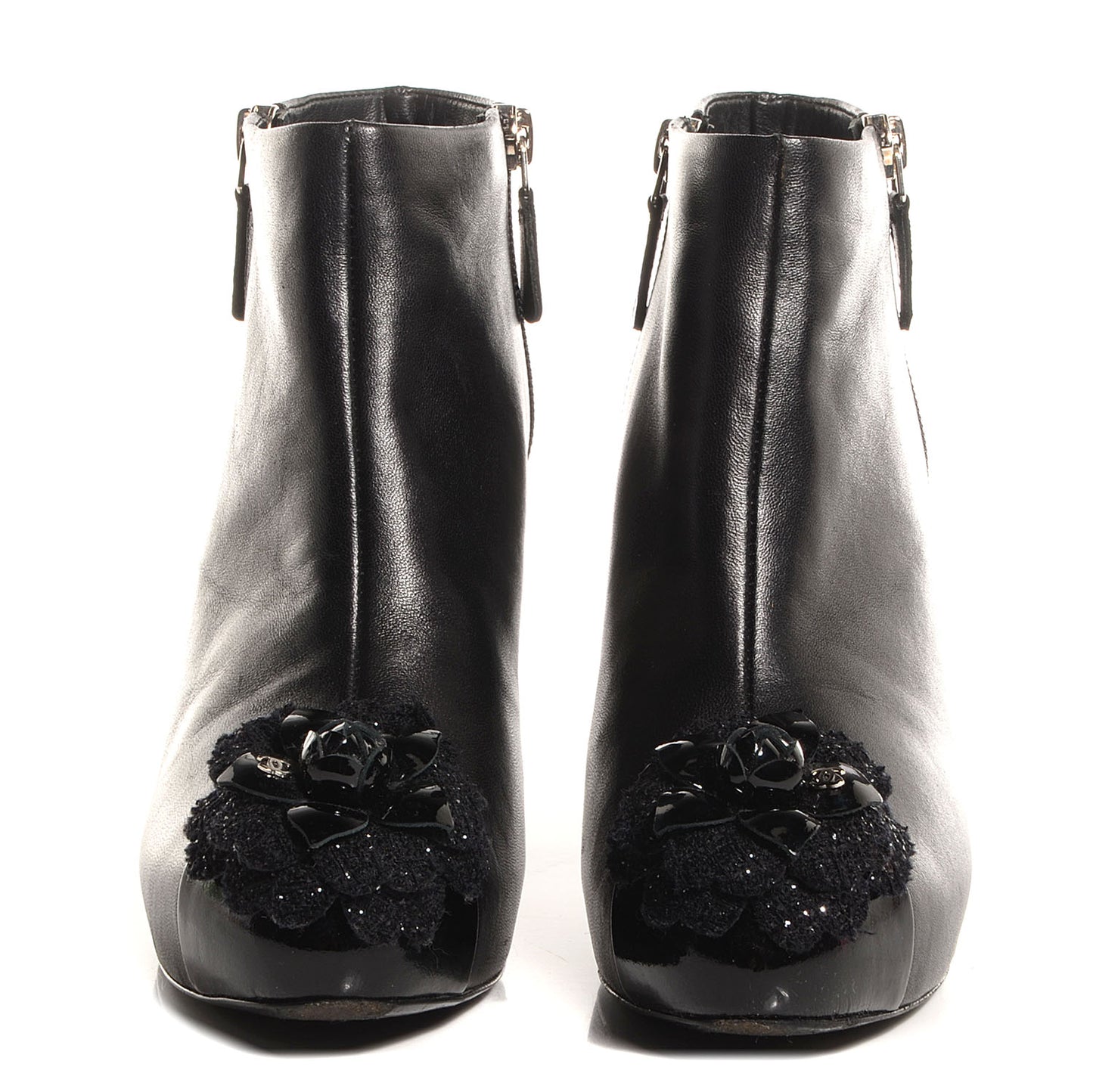 Leather Cap Toe Tweed Camellia Short Boots 37 Black
