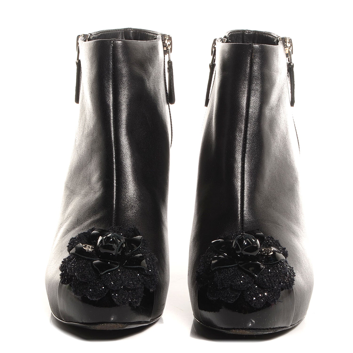 Chanel Leather Cap Toe Tweed Camellia Short Boots 37 Black 2 of 5