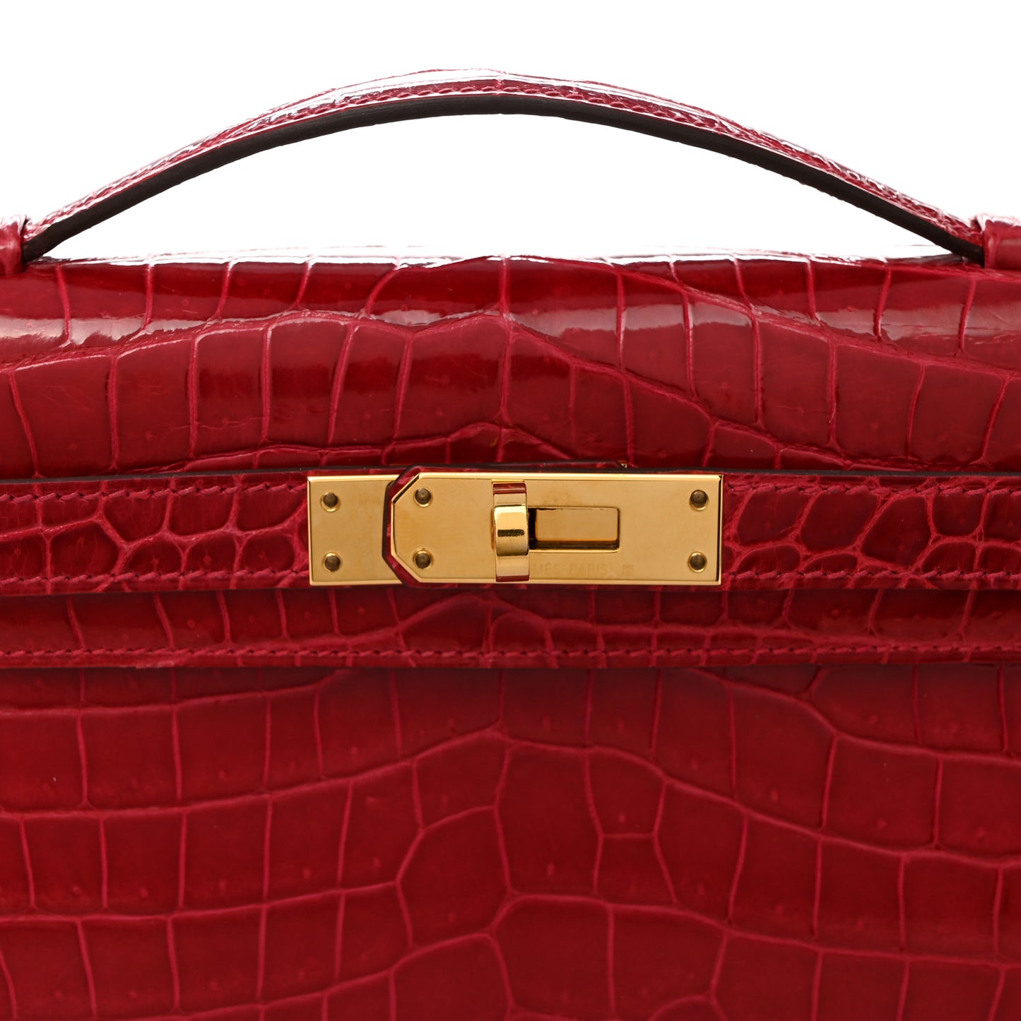 Shiny Porosus Crocodile Kelly Cut Pochette Rouge Vif