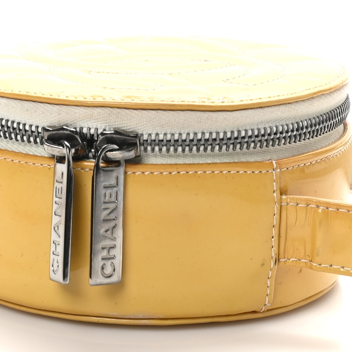 Patent Quilted CC Chocolate Bar Round Shoulder Bag Yellow