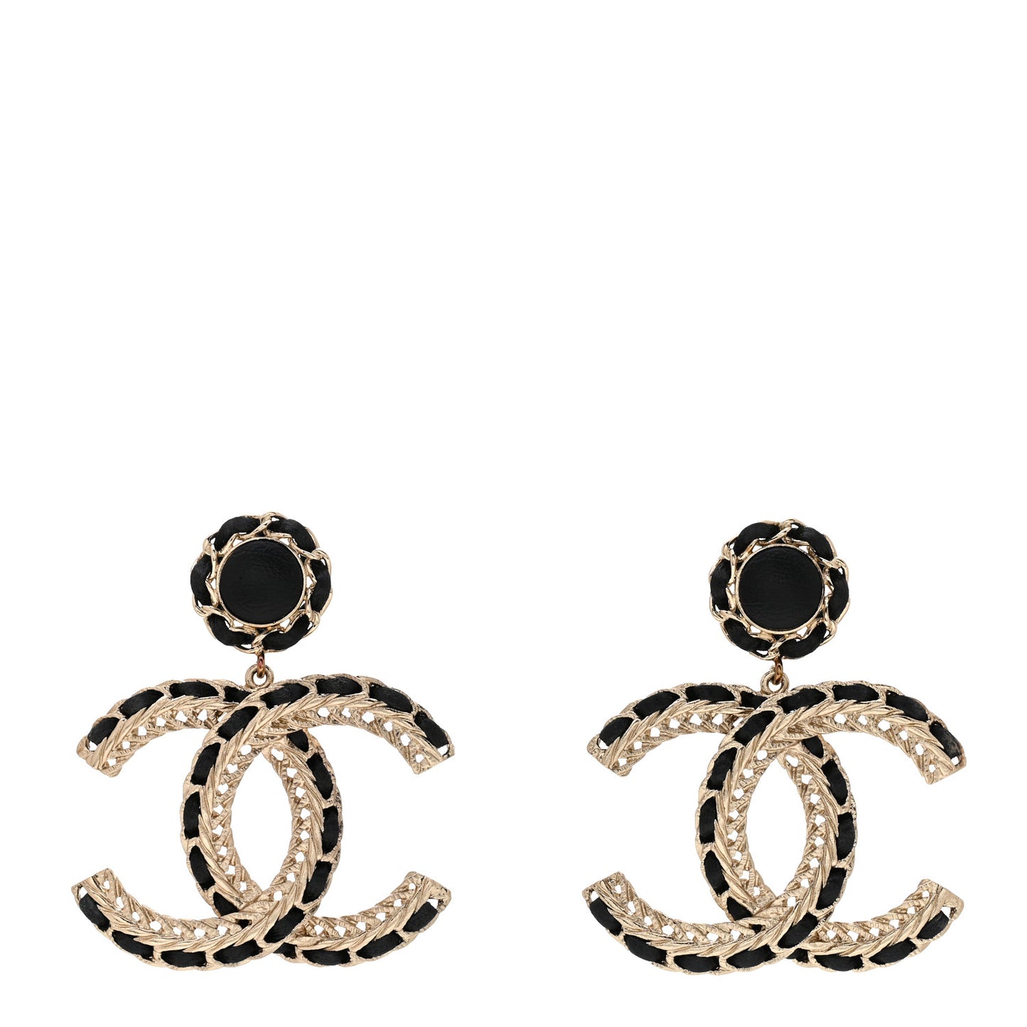 Lambskin CC Chain Drop Earrings Black Gold
