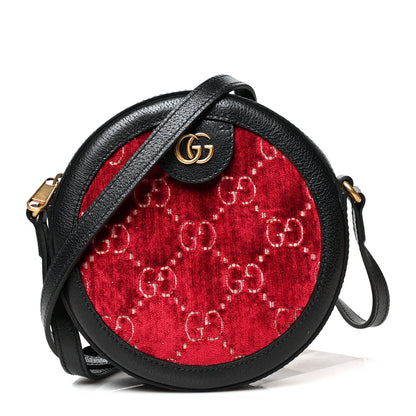 Gucci Velvet GG Monogram Textured Calfskin Round Shoulder Bag Red Cipria Black 1 of 11