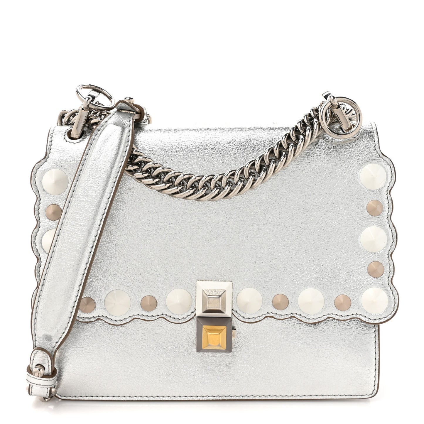 Vitello Catalan Mirror Scalloped Multi Studded Small Kan I Shoulder Bag Argento