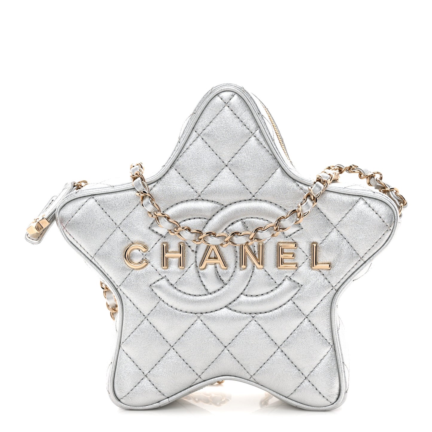 Metallic Lambskin Quilted Walk Of Fame Star Bag Silver