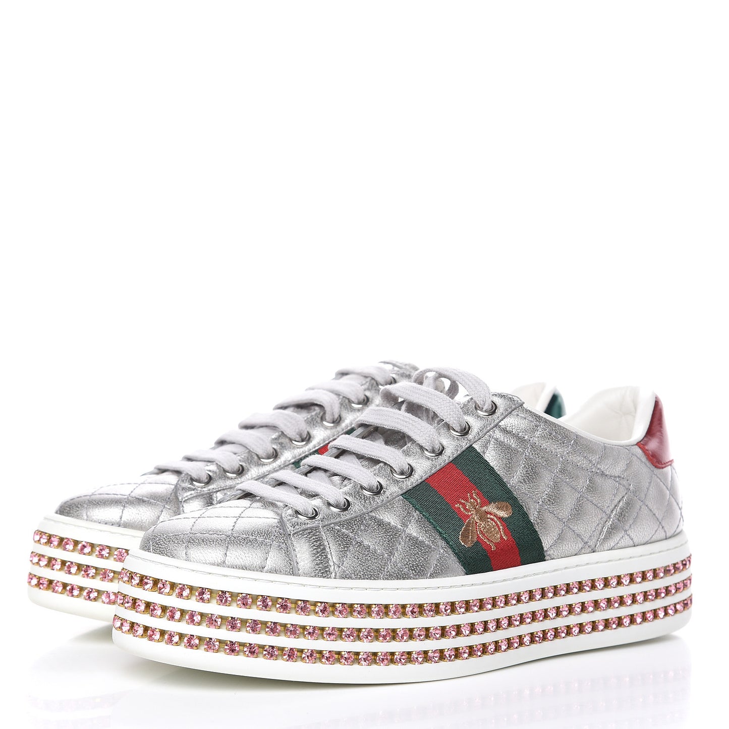 Laminated Nappa Crystal Web Bee Embroidered Trapuntata Womens Ace Platform Sneakers 37 Argento