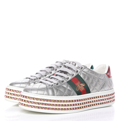 Gucci Laminated Nappa Crystal Web Bee Embroidered Trapuntata Womens Ace Platform Sneakers 37 Argento 3 of 9