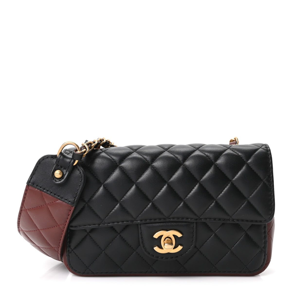Chanel Calfskin Quilted Small Strap Into Flap Bag Black Burgundy 1 of 10
