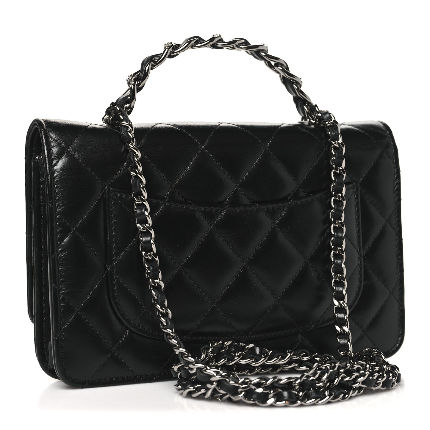 Shiny Crumpled Calfskin Strass Quilted Top Handle Wallet On Chain WOC Black