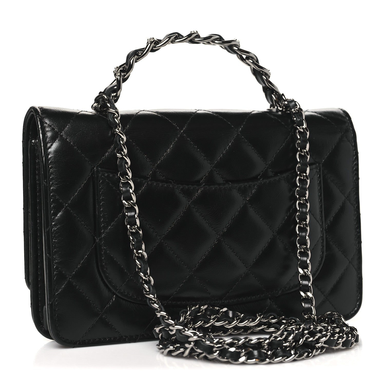 Chanel Shiny Crumpled Calfskin Strass Quilted Top Handle Wallet On Chain WOC Black 3 of 11