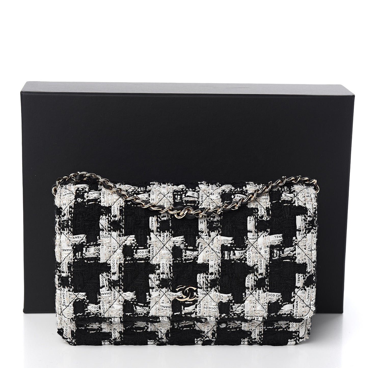 Tweed Quilted Wallet On Chain WOC Black Ecru White