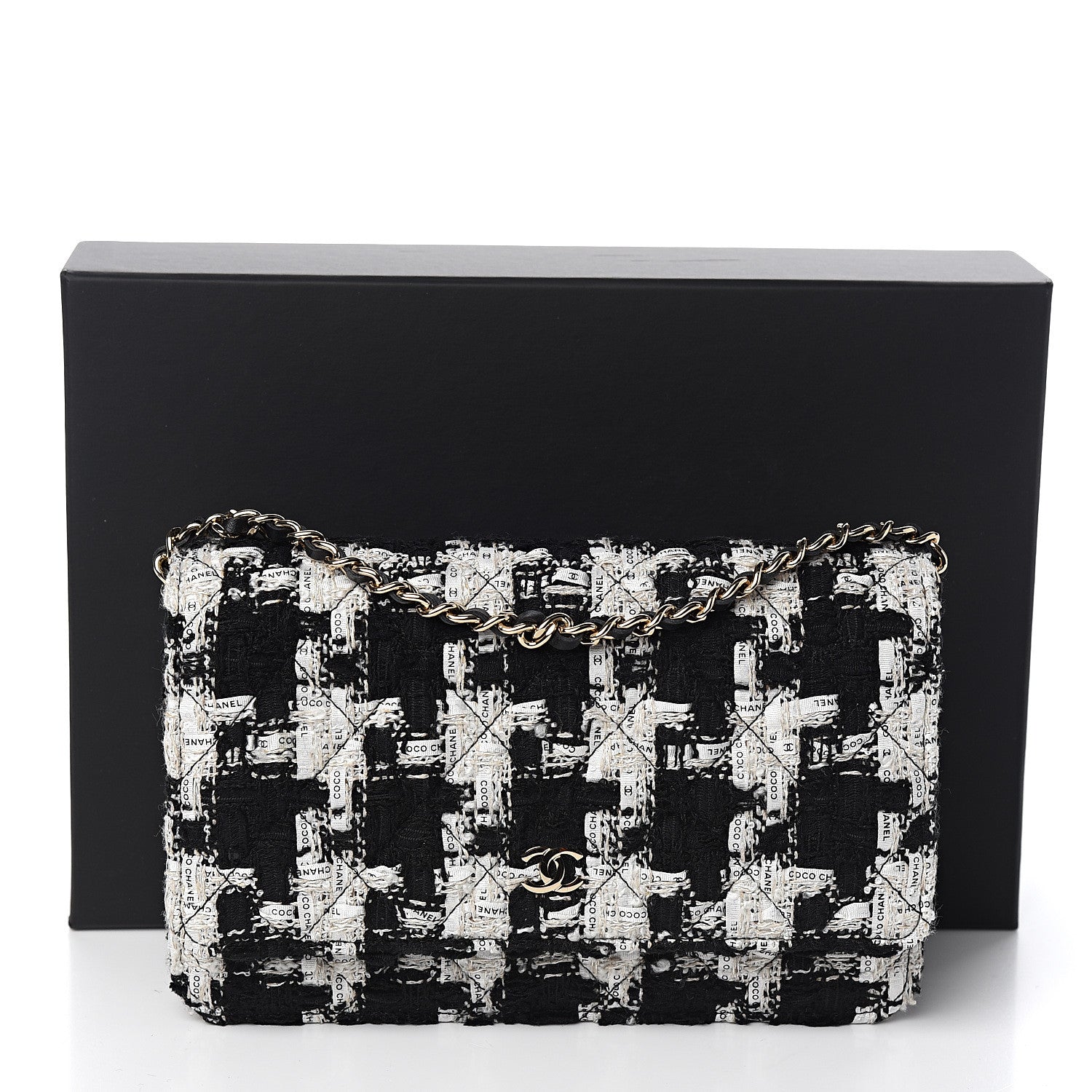 Chanel Tweed Quilted Wallet On Chain WOC Black Ecru White 11 of 11
