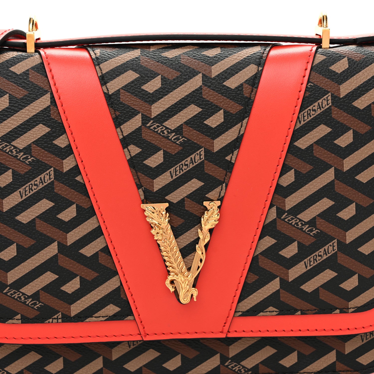 Versace Coated Canvas La Greca Signature Print Virtus Top Handle Shoulder Bag Red 7 of 9