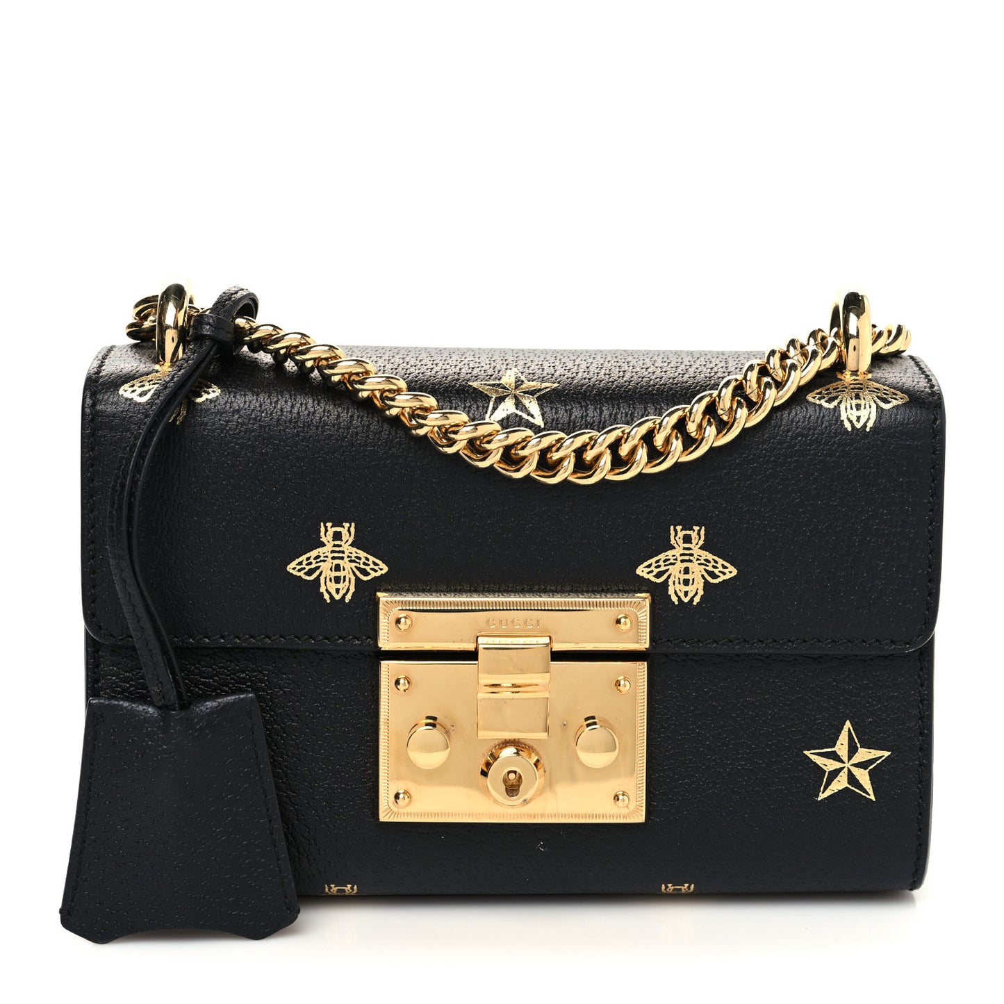 Grained Calfskin Bee Star Small Padlock Shoulder Bag Black