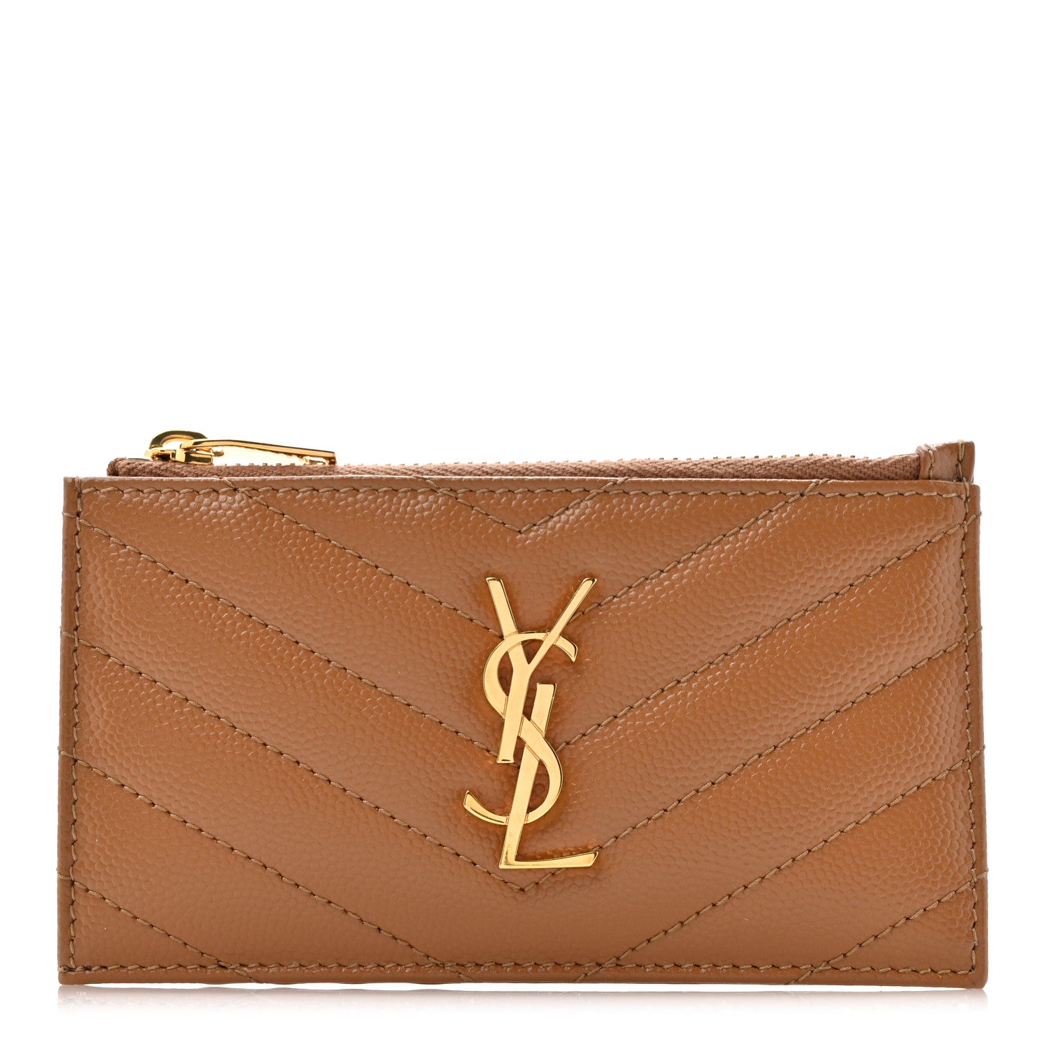 Saint Laurent Grain De Poudre Matelasse Chevron Monogram Fragments Zippered Card Case Naturel Dark 1 of 9