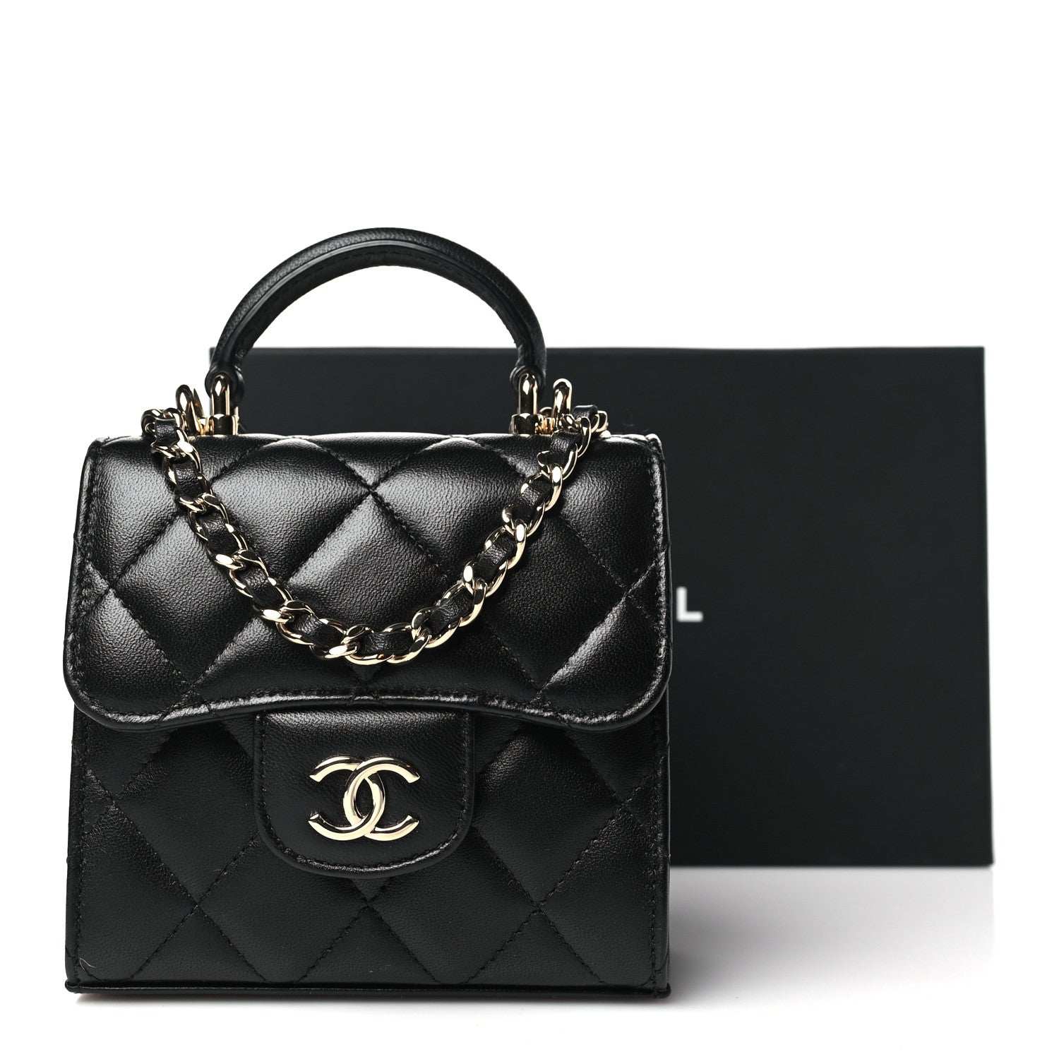 Chanel Lambskin Quilted Top Handle Flap Clutch With Chain Black 11 of 11