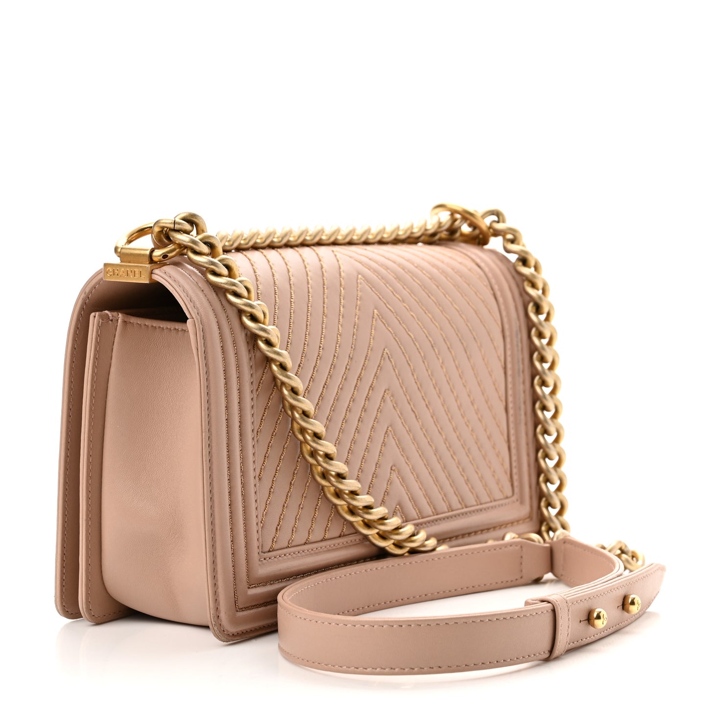 Lambskin Chevron Chain Stitched Medium Boy Flap Beige