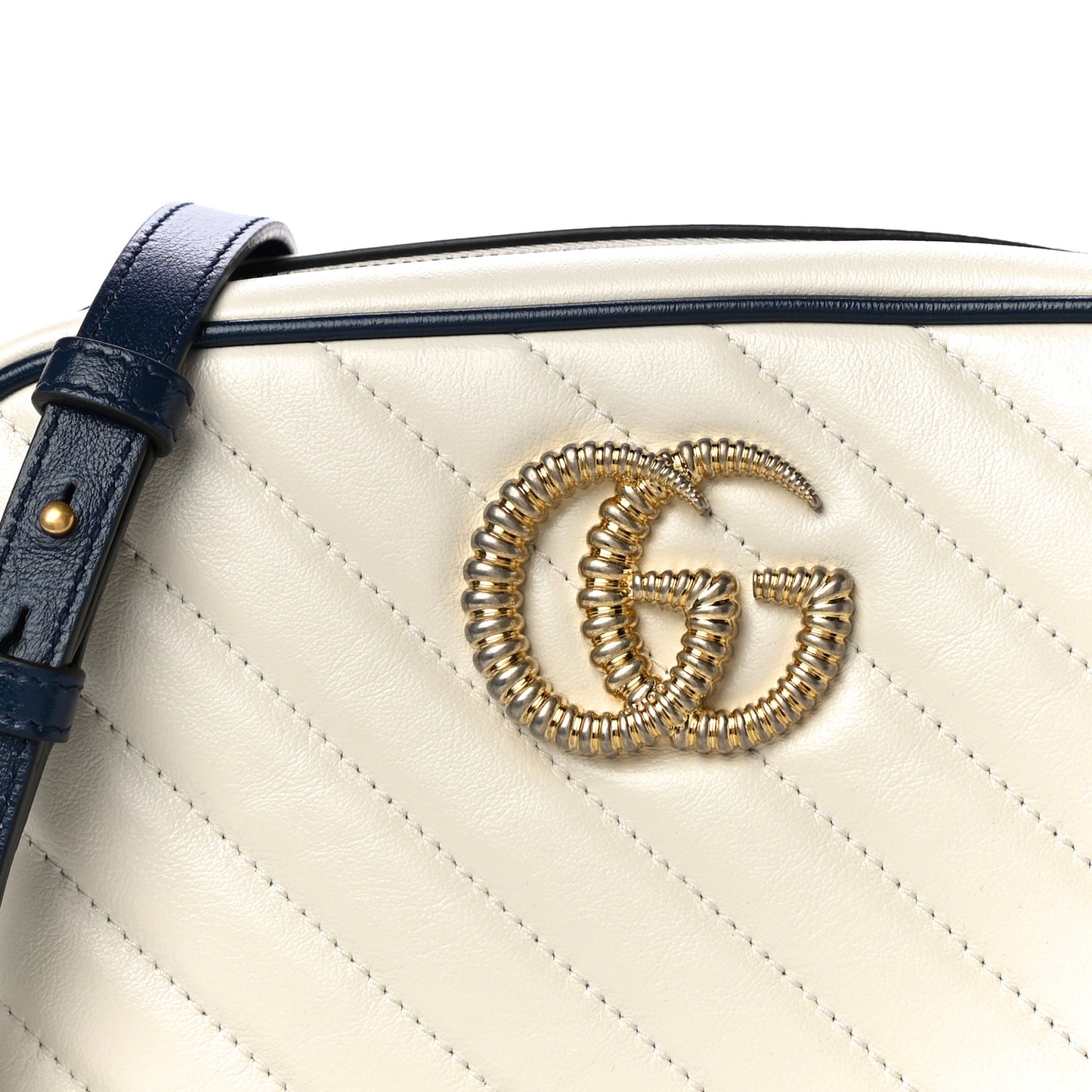 Vintage Effect Calfskin Matelasse Diagonal Small Torchon GG Marmont Chain Shoulder Bag Mystic White Blue Agata