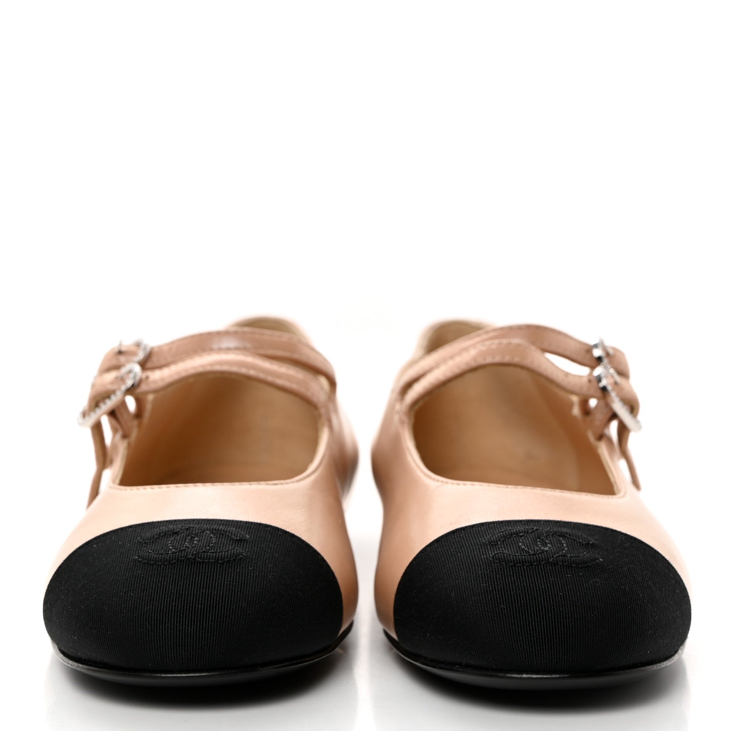 Lambskin Grosgrain Pearl Mary Jane Flats 37.5 Beige Black