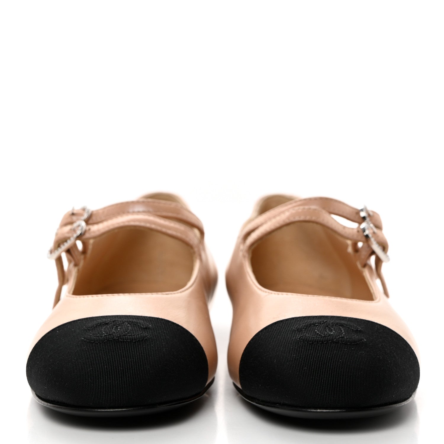 Chanel Lambskin Grosgrain Pearl Mary Jane Flats 37.5 Beige Black 2 of 9