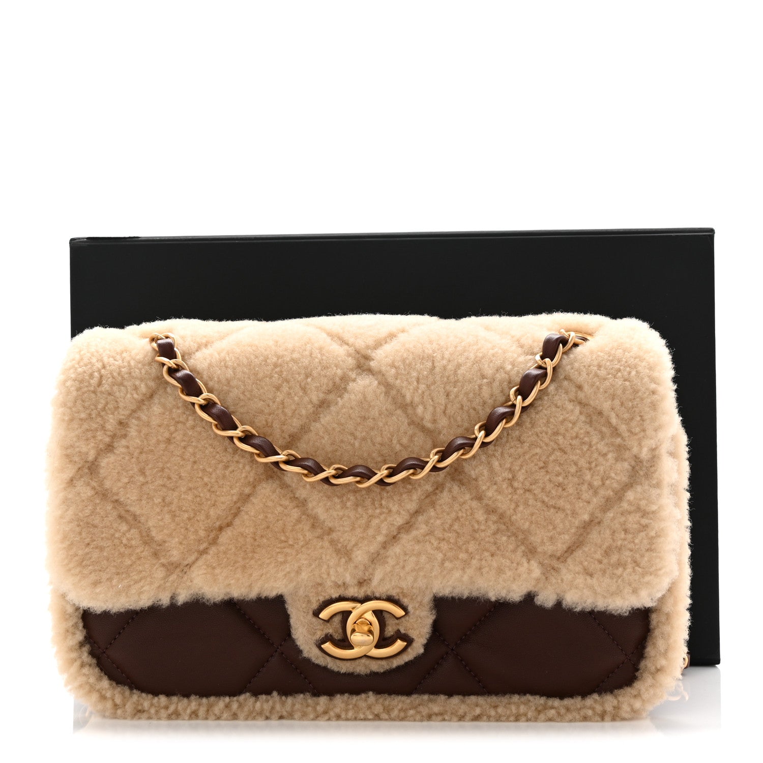 Chanel Shearling Lambskin Quilted Furry Coco Flap Beige Dark Brown