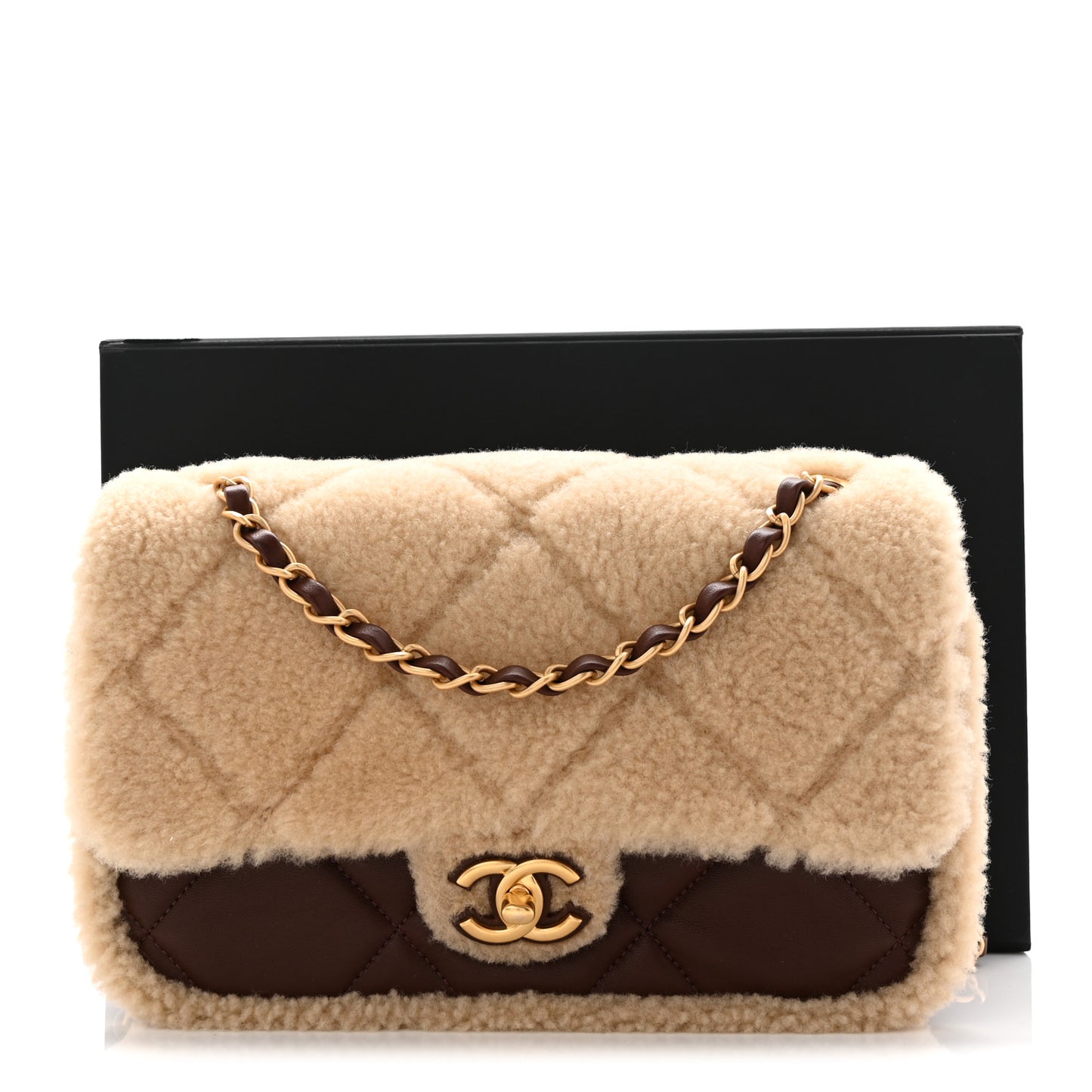 Shearling Lambskin Quilted Furry Coco Flap Beige Dark Brown