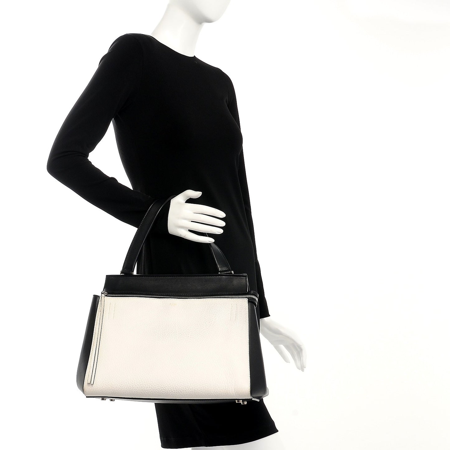 Textured Calfskin Small Bi-Color Edge Shoulder Bag Black Cream