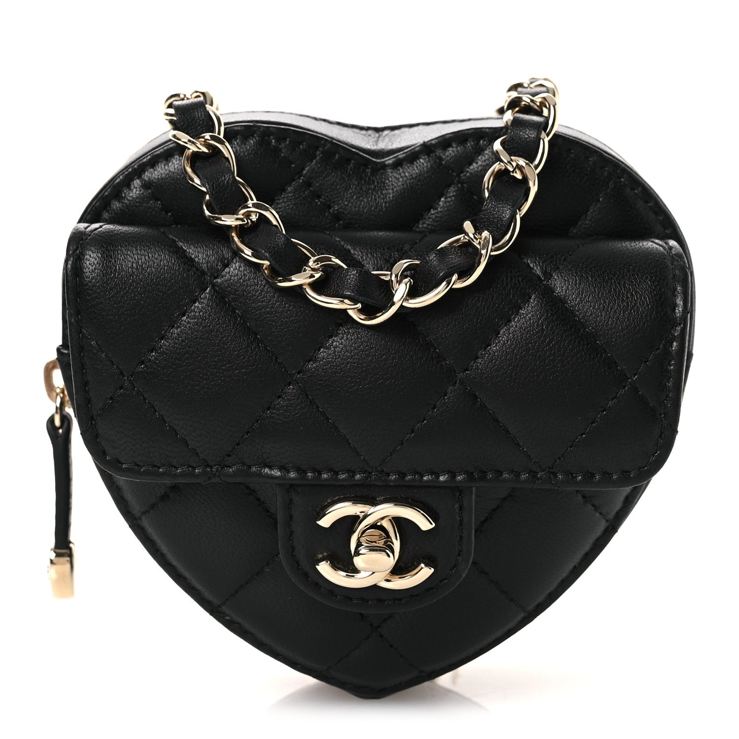Lambskin Quilted CC In Love Heart Waist Belt Bag With Chain Black