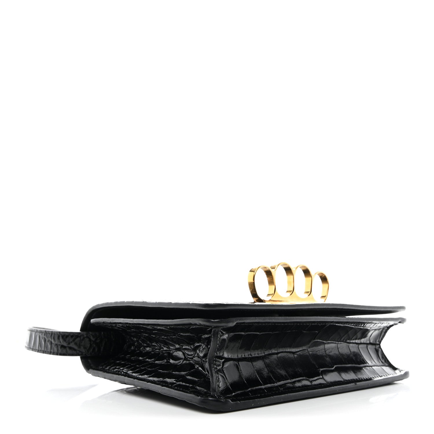 Alexander McQueen Calfskin Crocodile Embossed Four Ring Knuckle Crossbody Bag Black 4 of 12