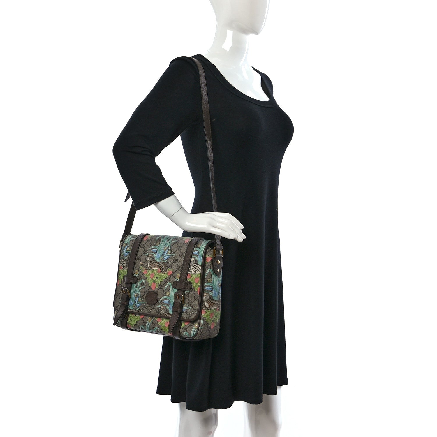 Gucci GG Supreme Monogram Tiger Savanah Textured Dollar Calfskin Retro Interlocking G Flap Messenger Bag Beige Ebony Multicolor New Acero 2 of 9