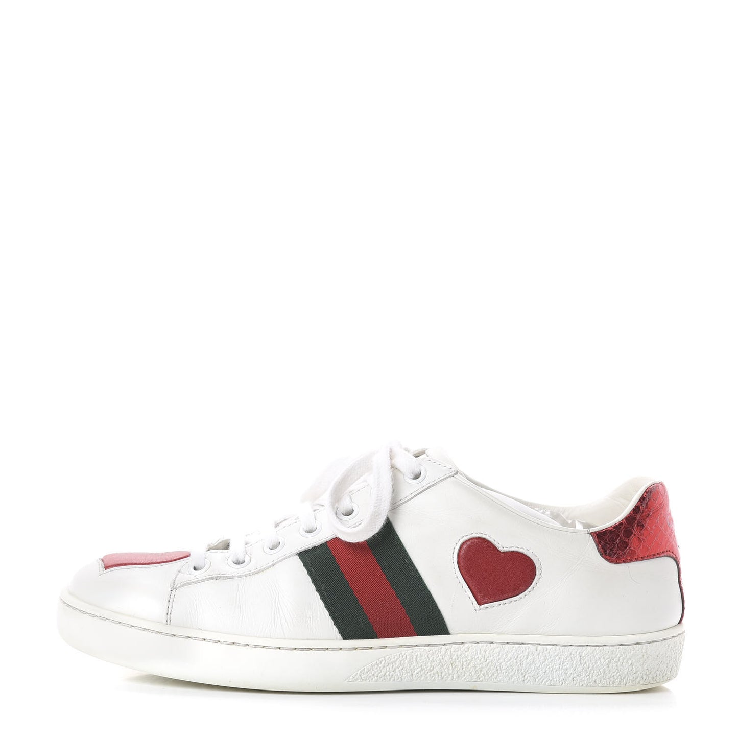Calfskin Web Heart Embroidered Womens Ace Sneakers 37 White
