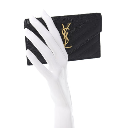 Saint Laurent Grain De Poudre Matelasse Chevron Monogram Compact Wallet Black 2 of 7