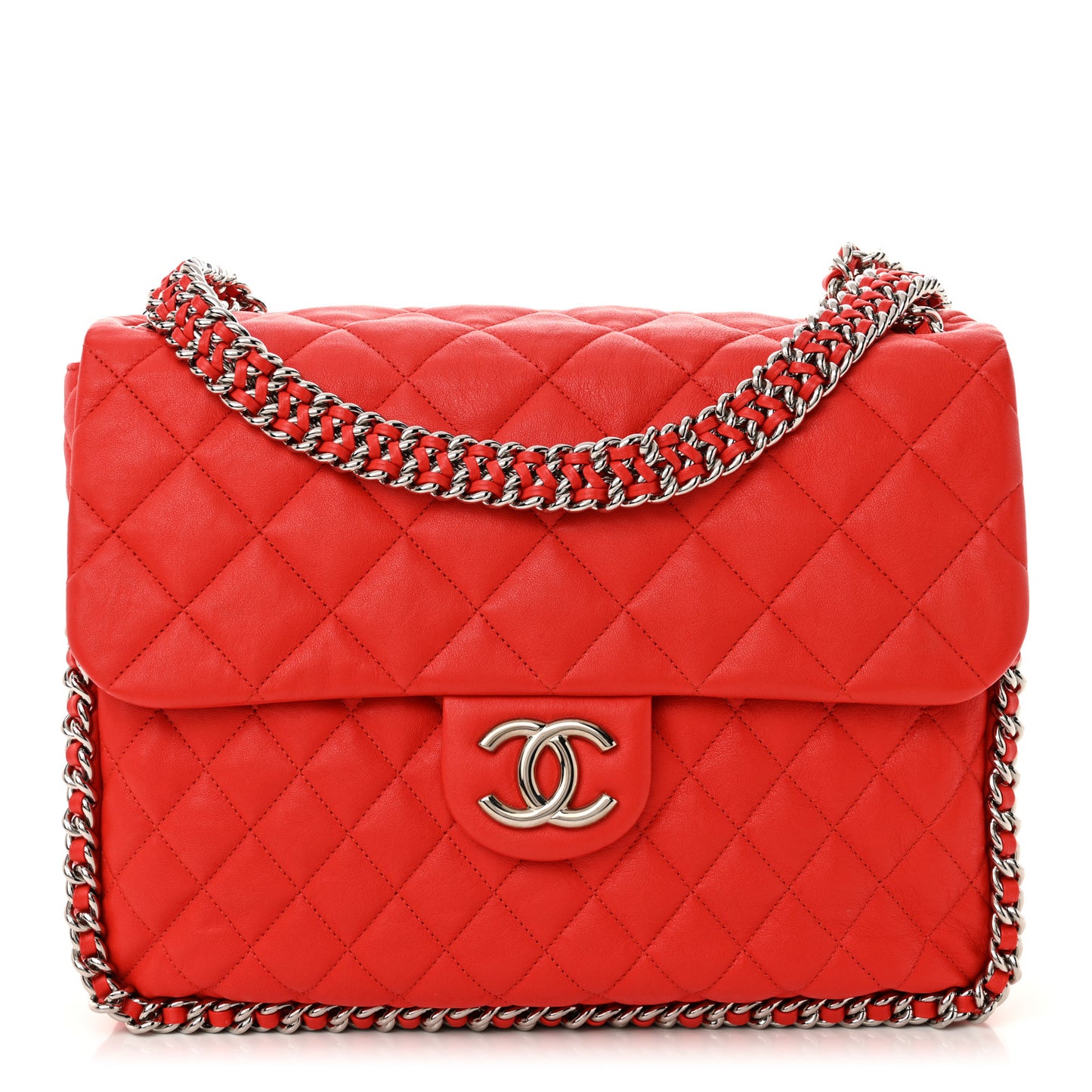 Washed Lambskin Quilted Maxi Chain Around Flap Red