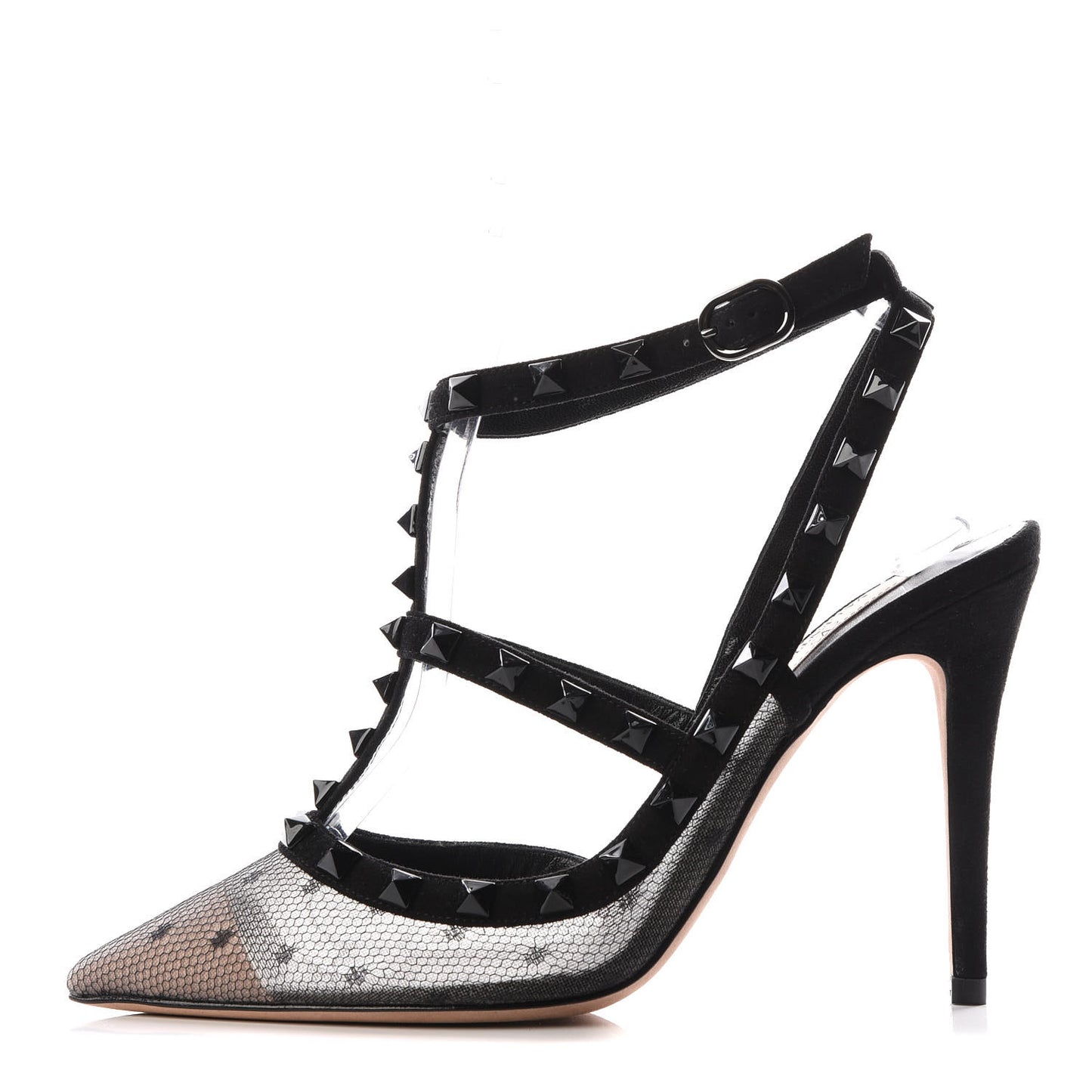 Mesh Point d'Esprit Suede Rockstud Ankle Strap 100mm Pumps 36 Black