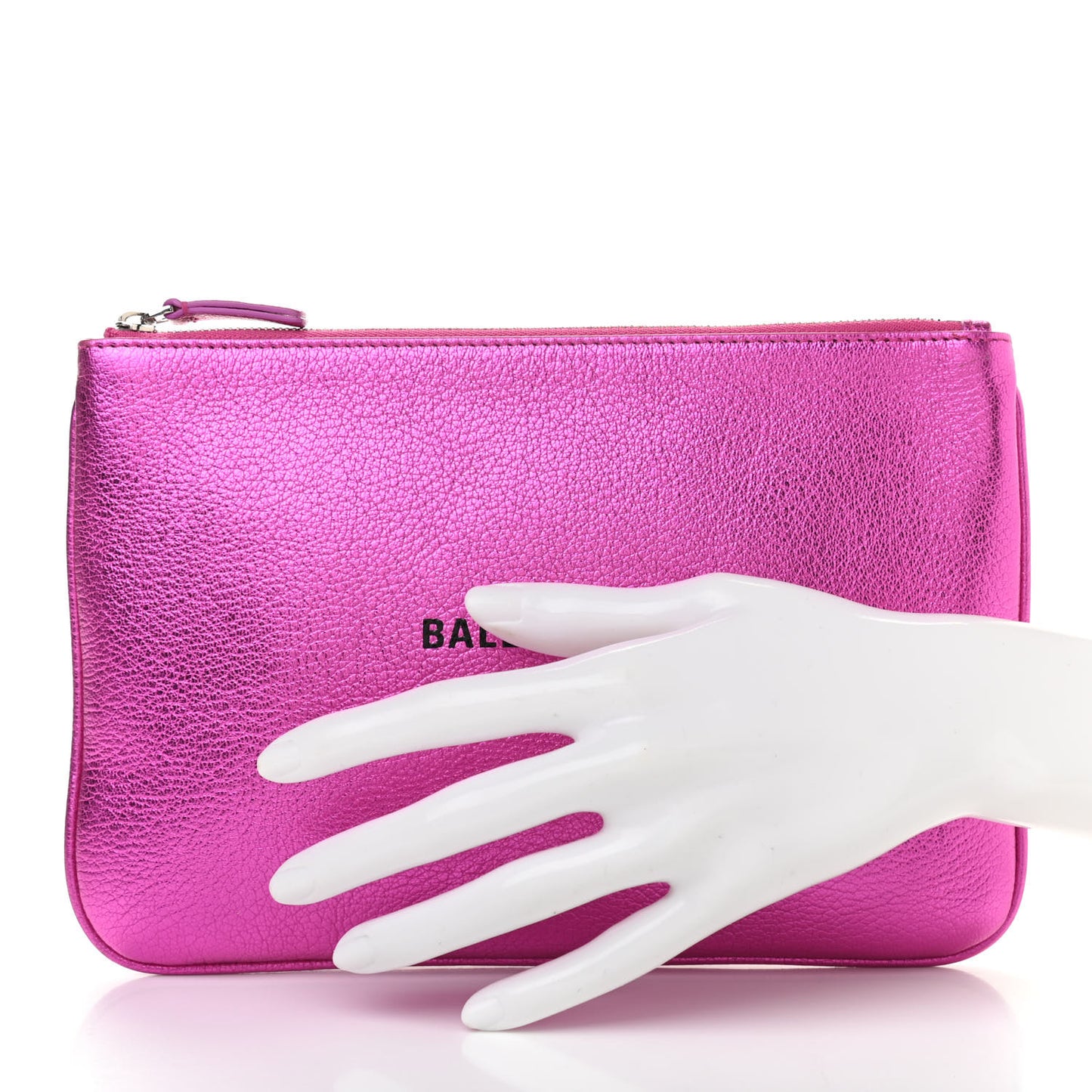 Metallic Goatskin Logo Large Everyday Zip Pouch Rose Fuchsia Black