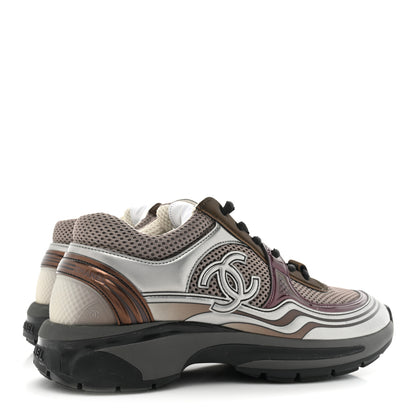 Chanel Fabric Laminated Calfskin Stretch CC Womens Sneakers 38 Khaki Silver Dark Purple 5 of 13