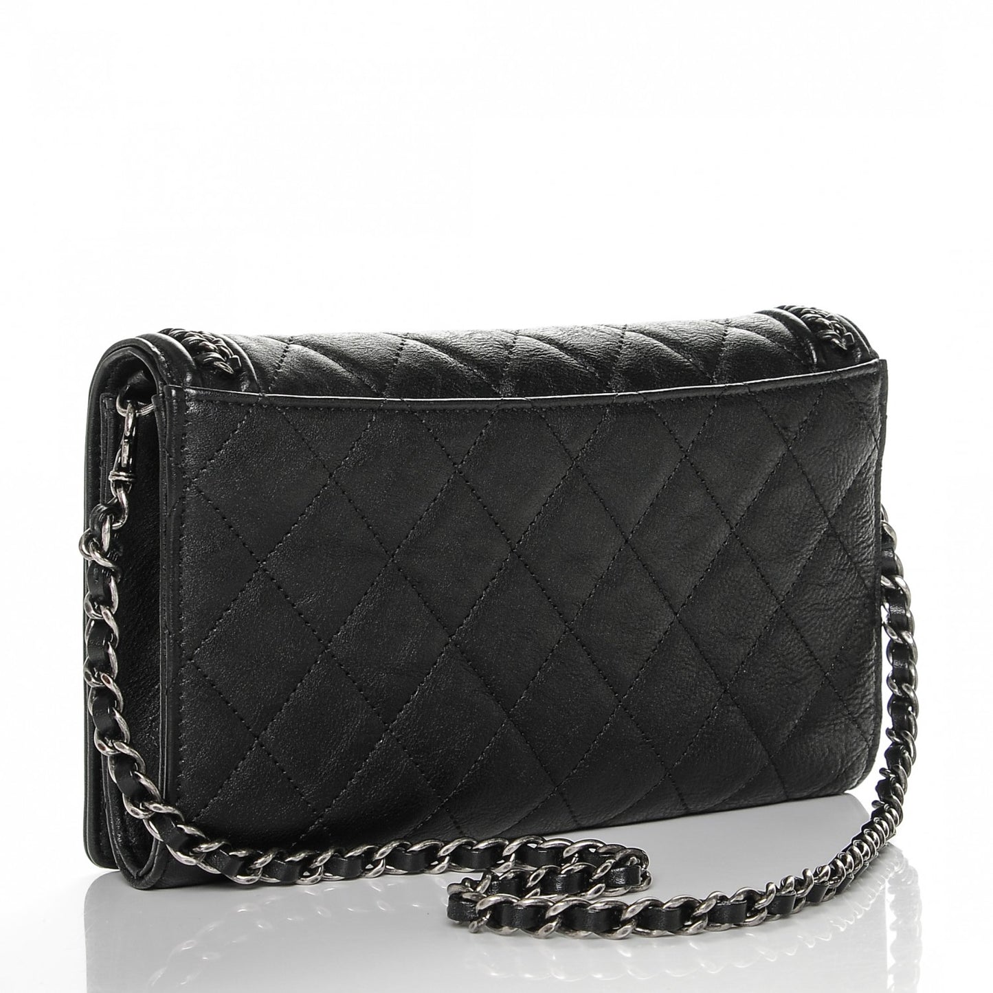 Calfskin Quilted Chain Around Boy Wallet On Removable Chain WOC Black