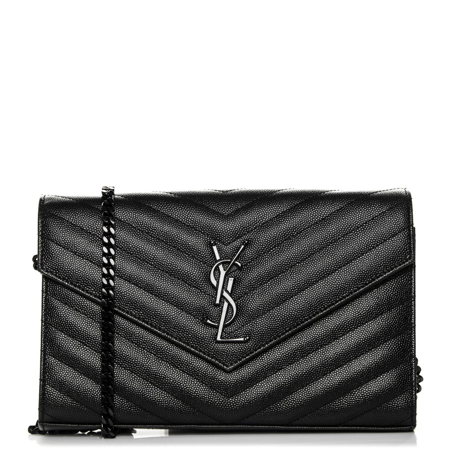 Saint Laurent Grain De Poudre Matelasse Chevron Monogram Chain Wallet Black 1 of 8