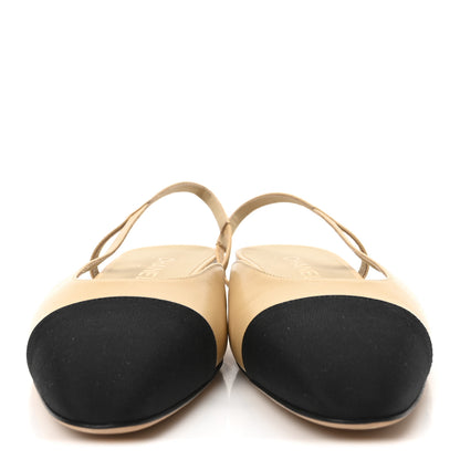 Chanel Lambskin Grosgrain Cap Toe CC Slingback Sandals 41 Beige Black 3 of 8