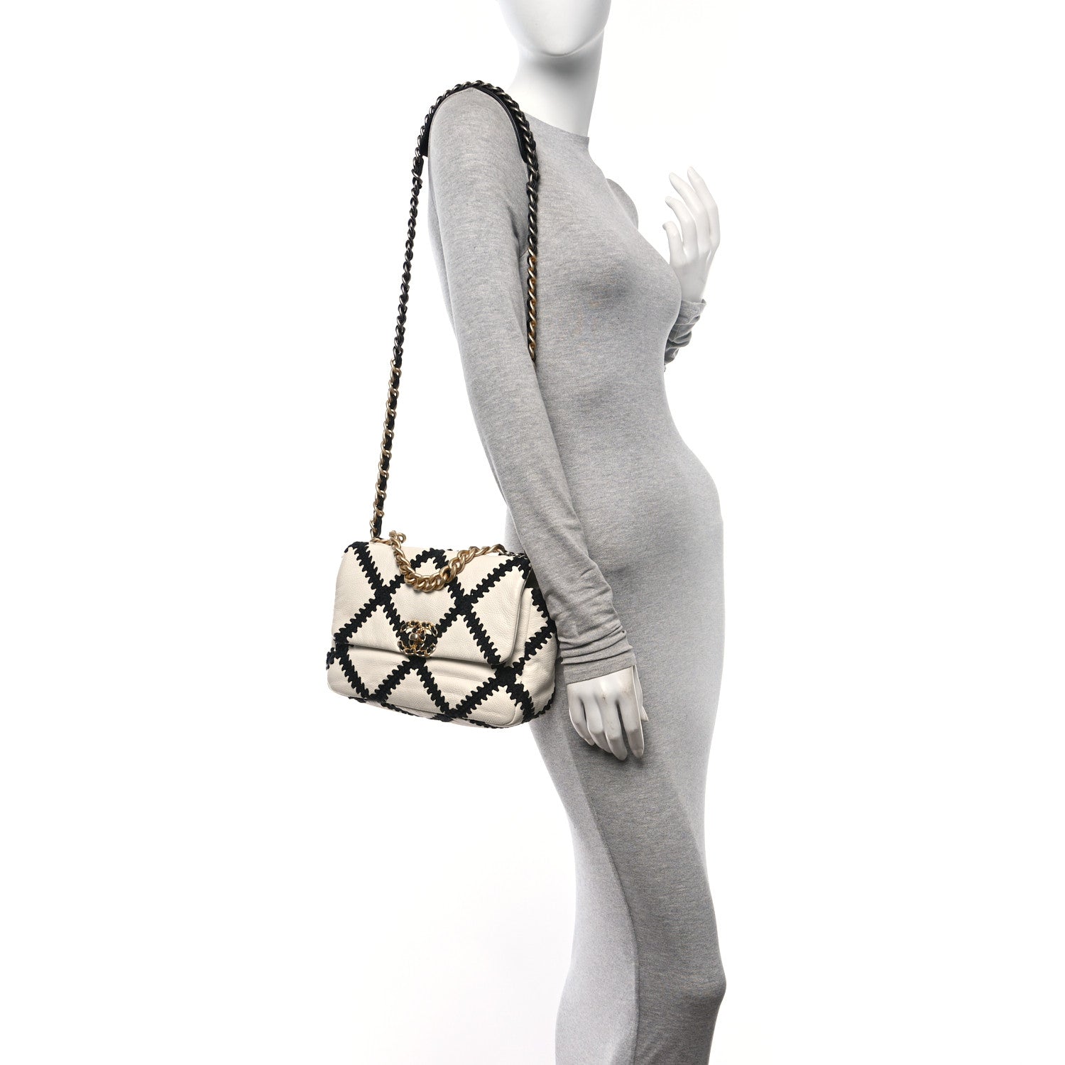 Chanel Calfskin Crochet Medium Chanel 19 Flap White Black 3 of 11