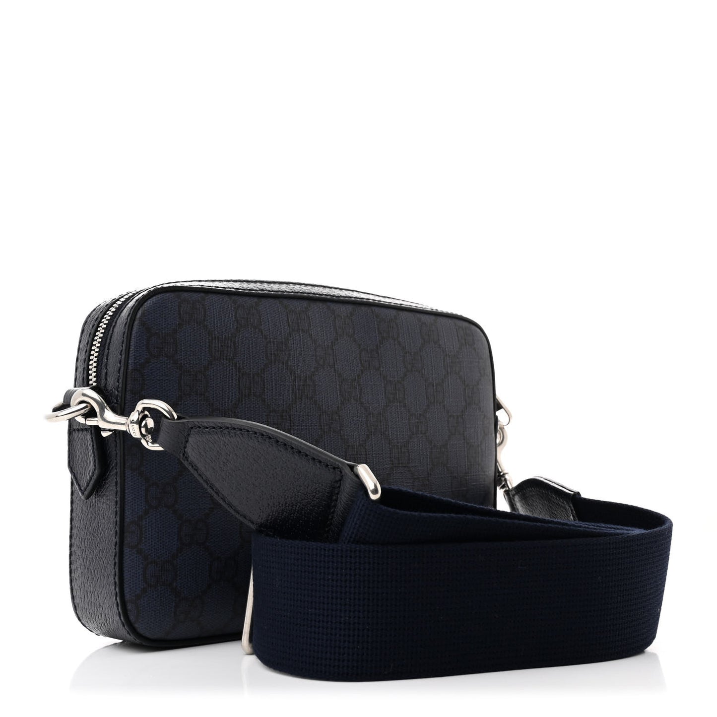 GG Supreme Monogram Textured Dollar Calfskin Web Ophidia Wristlet Shoulder Bag Black Blue