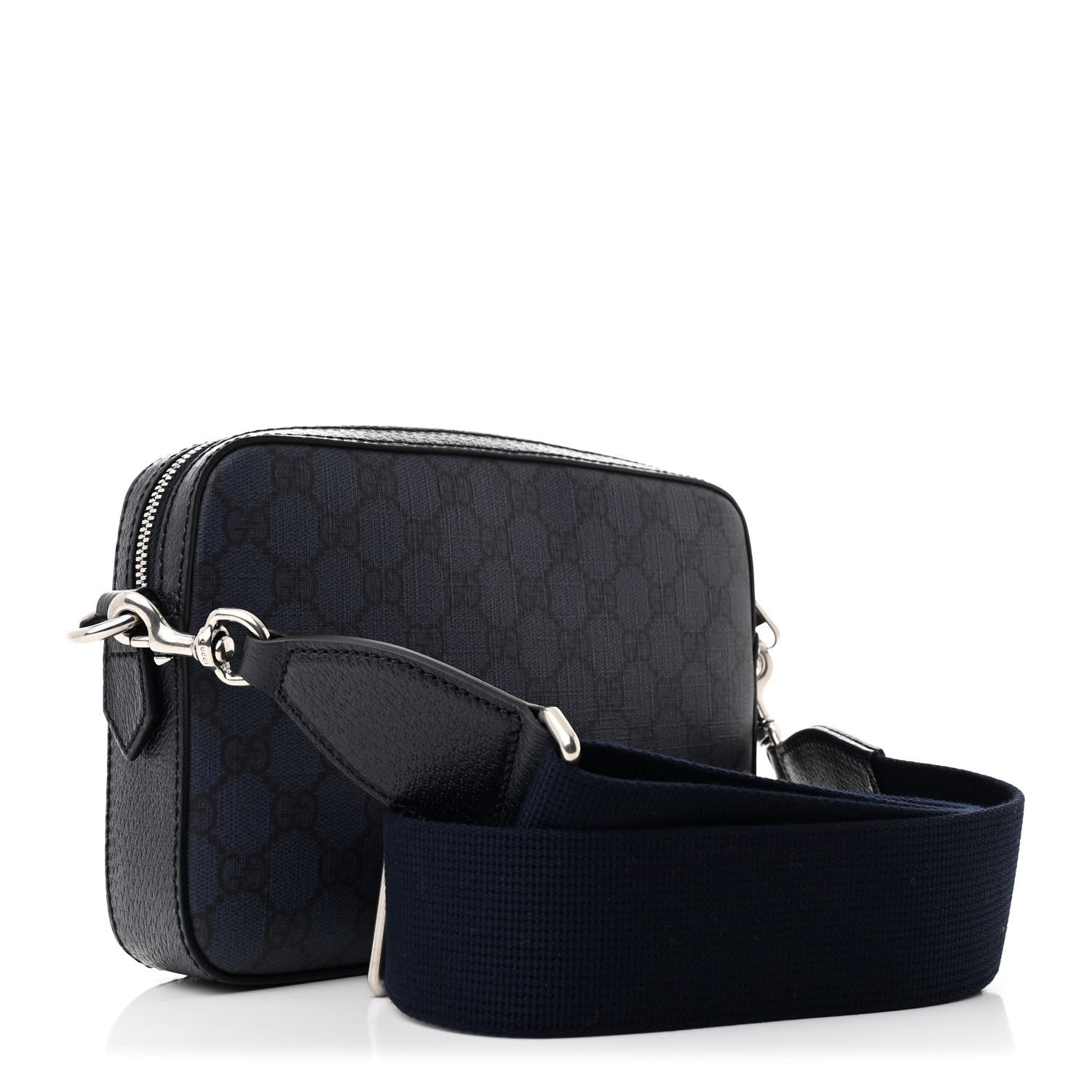 Gucci GG Supreme Monogram Textured Dollar Calfskin Web Ophidia Wristlet Shoulder Bag Black Blue 3 of 10