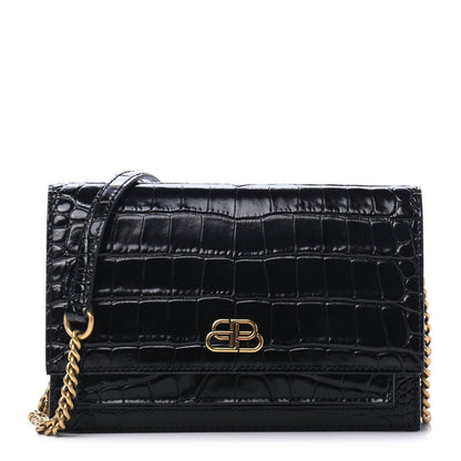 Balenciaga Shiny Calfskin Crocodile Embossed Sharp Crossbody Clutch Black 1 of 4
