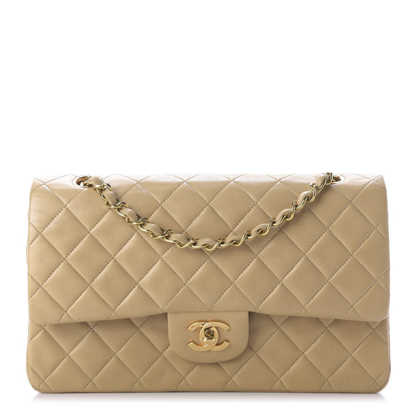 Lambskin Quilted Medium Double Flap Beige