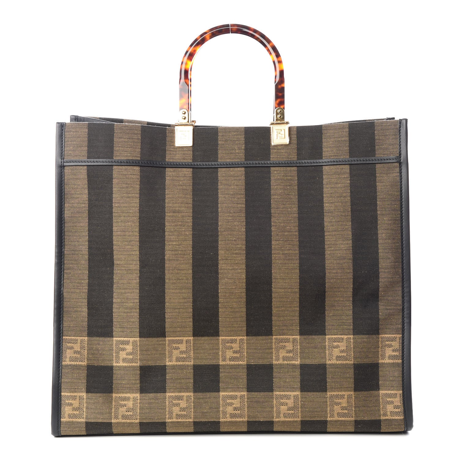 Fendi Fabric Jacquard Vitello Seta Plexiglass Pequin Gingham Large Fendi Sunshine Shopper Tote Tobacco Moro Black 1 of 11