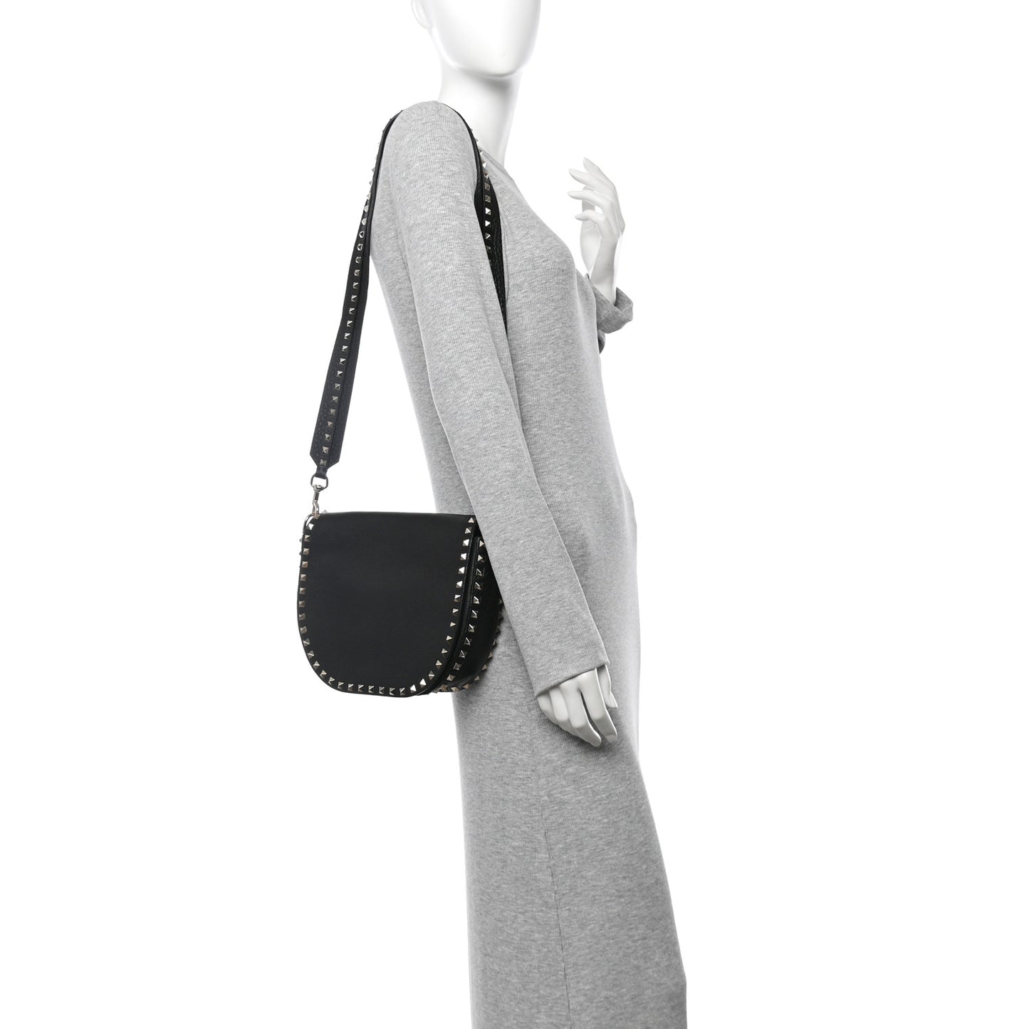 Grained Calfskin Rockstud Saddle Bag Black