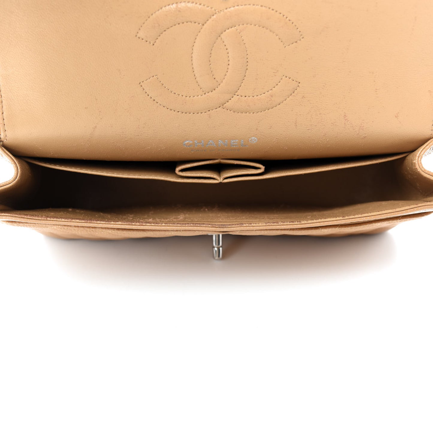 Caviar Quilted Medium Double Flap Beige