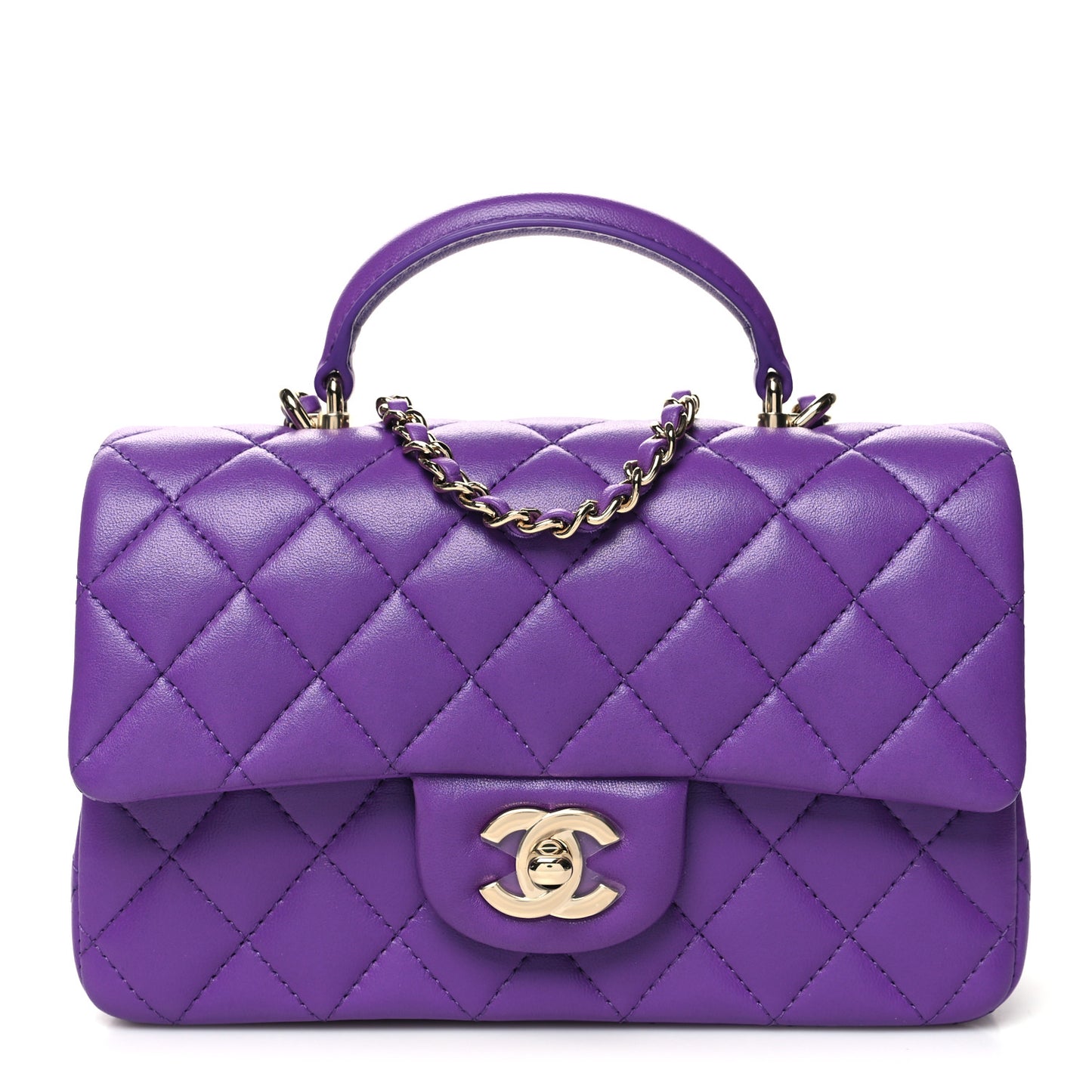 Lambskin Quilted Mini Top Handle Rectangular Flap Dark Purple