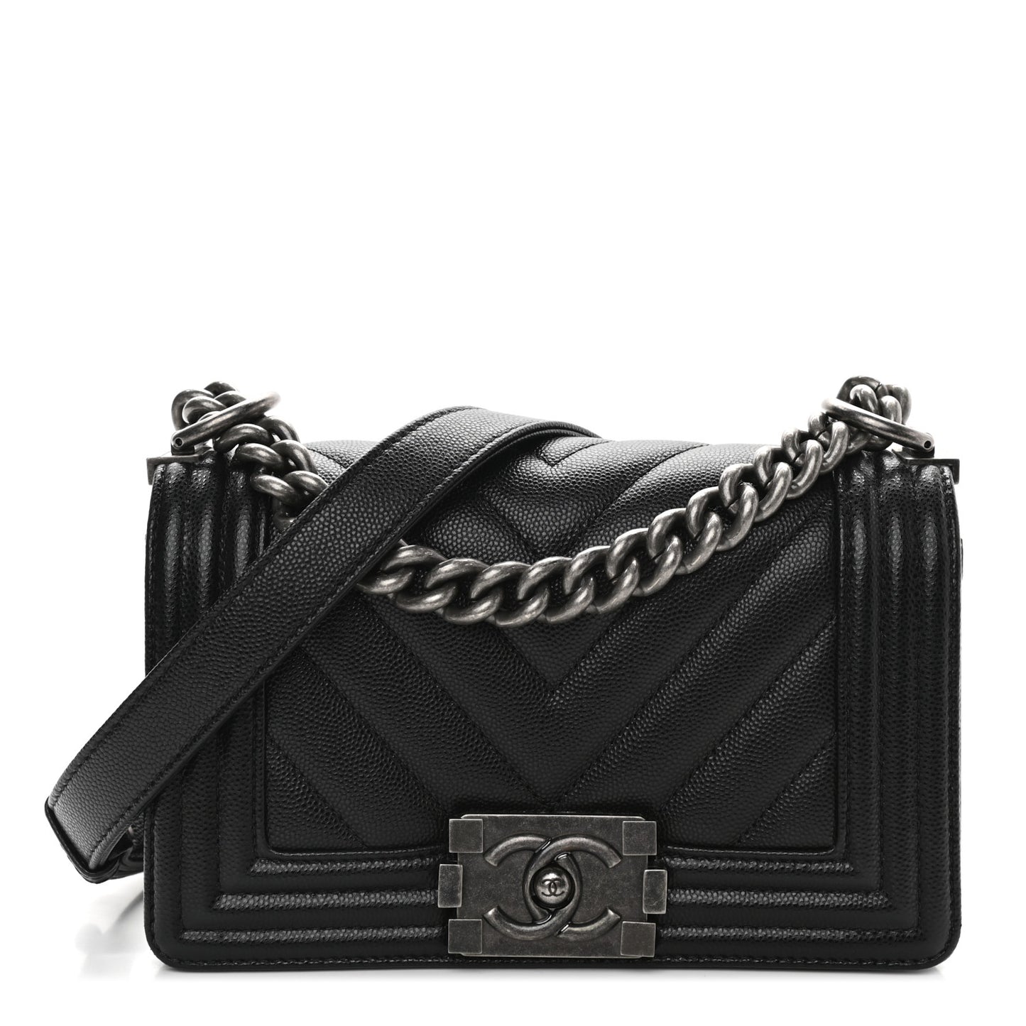 Caviar Chevron Quilted Small Boy Flap Black