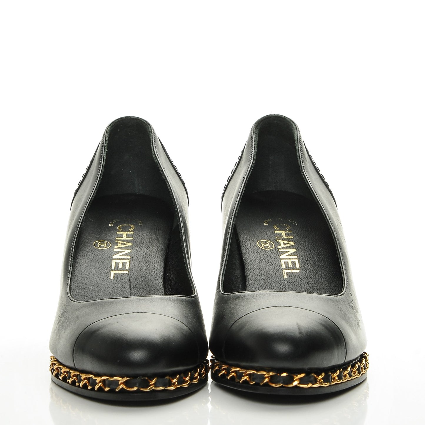 Calfskin Cap Toe Chain Wedge Pumps 37 Black