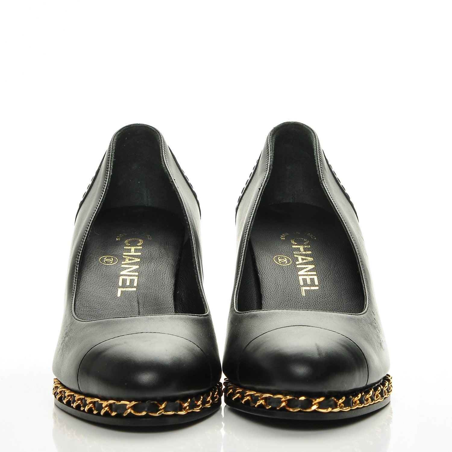 Chanel Calfskin Cap Toe Chain Wedge Pumps 37 Black 2 of 8